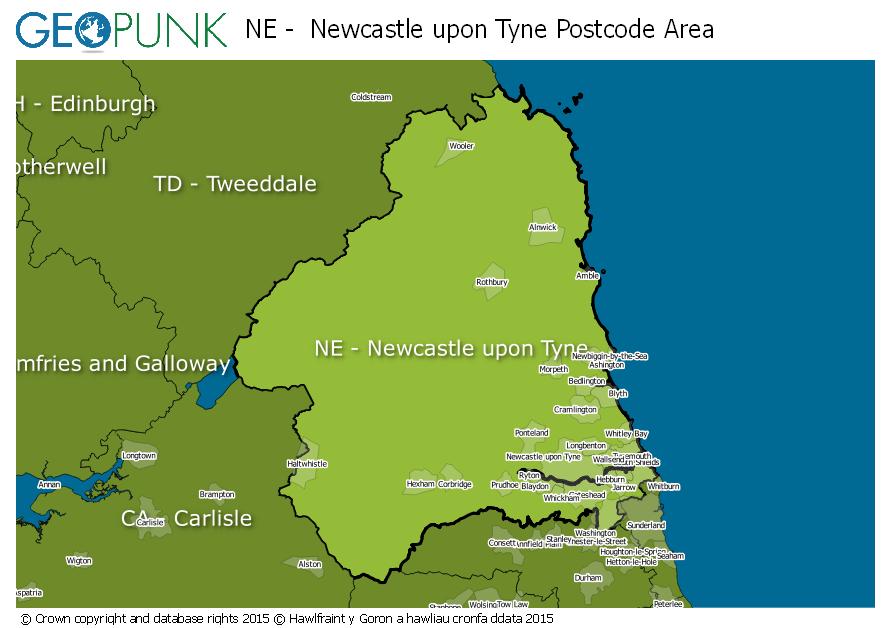 map of the NE  Newcastle upon Tyne postcode area