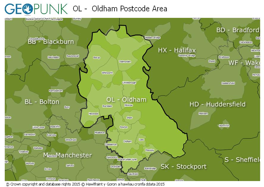 map of the OL  Oldham postcode area