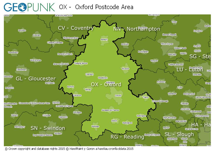 map of the OX  Oxford postcode area