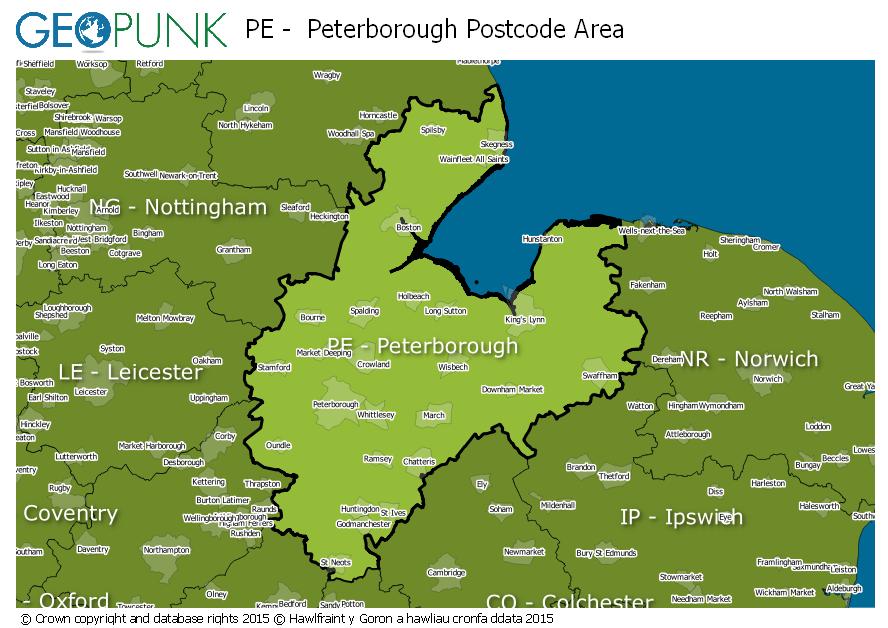 map of the PE  Peterborough postcode area