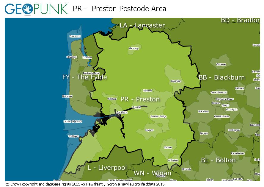 map of the PR  Preston postcode area
