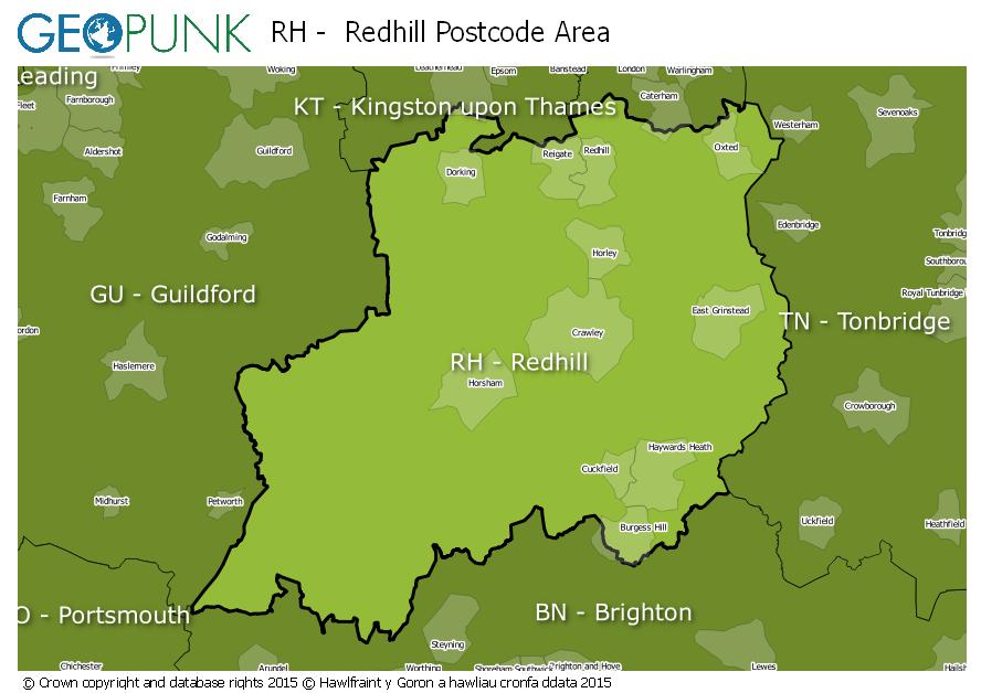 map of the RH  Redhill postcode area