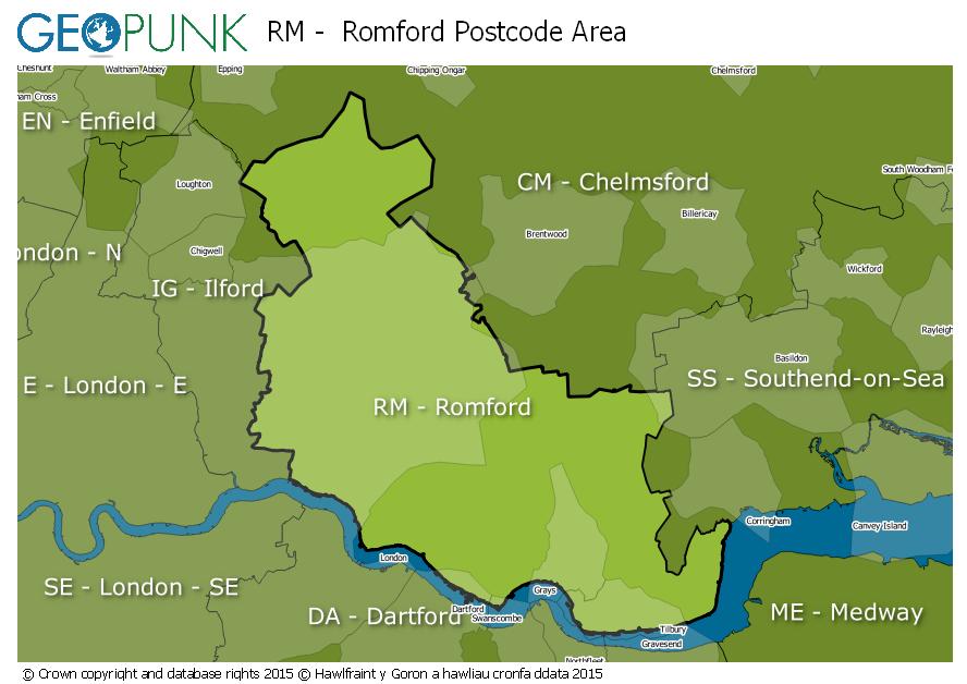 map of the RM  Romford postcode area