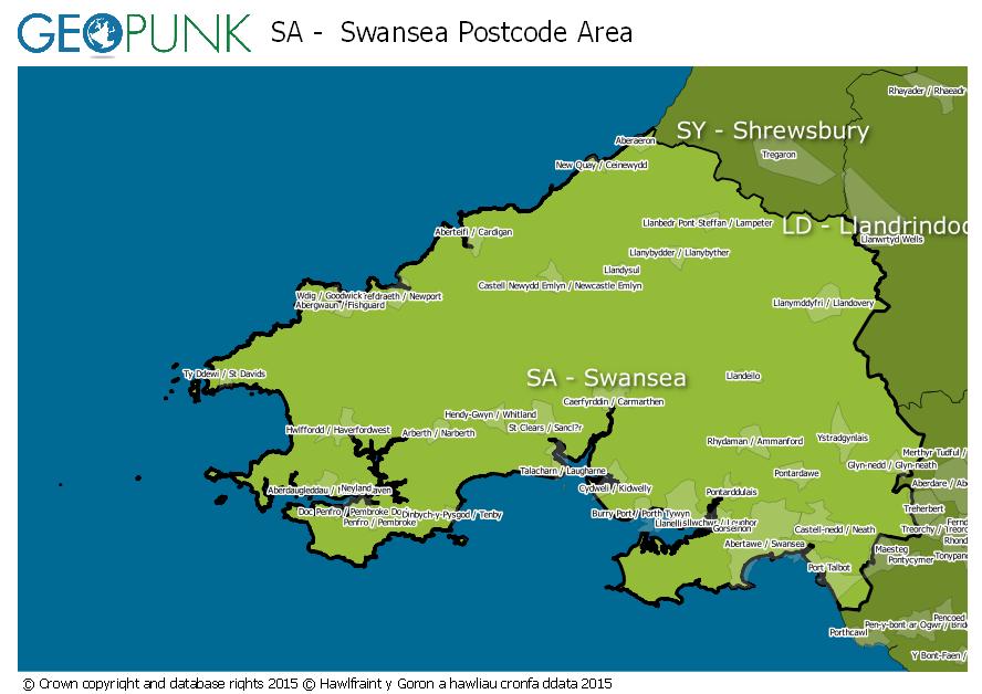map of the SA  Swansea postcode area