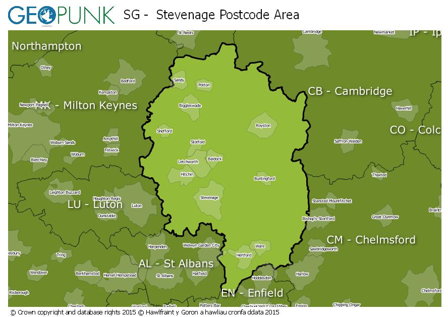 map of the SG  Stevenage postcode area