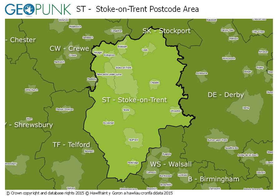 map of the ST  Stoke-on-Trent postcode area
