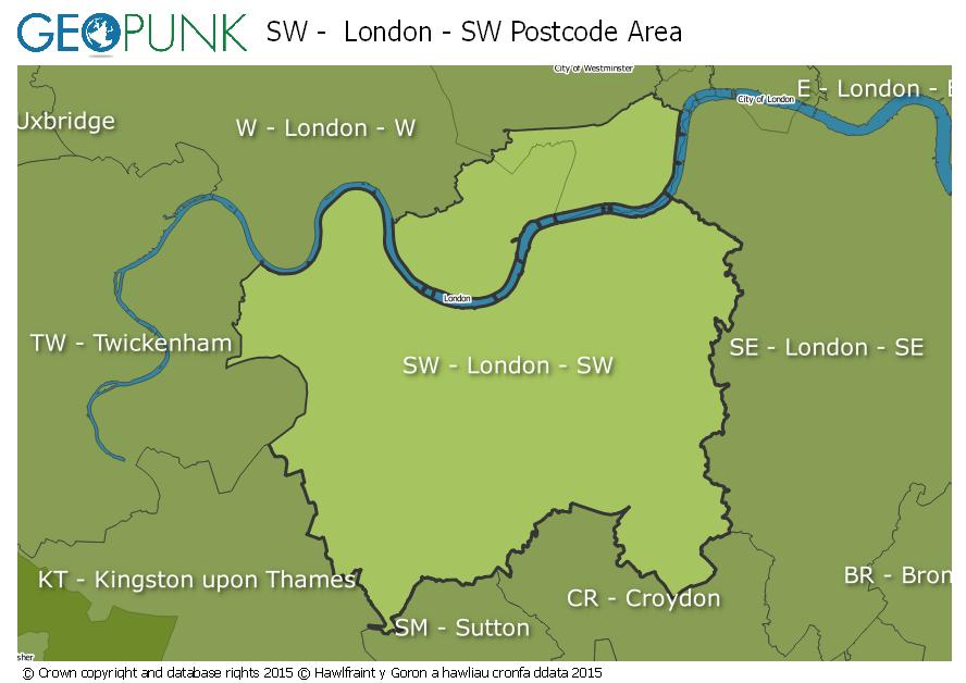map of the SW  London - SW postcode area