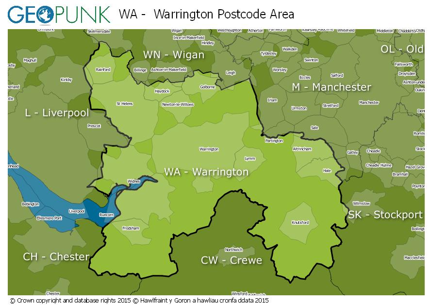 map of the WA  Warrington postcode area