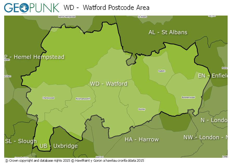 map of the WD  Watford postcode area
