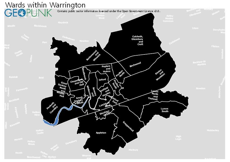 Map of Warrington showing ward boundaries